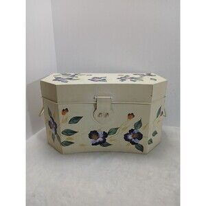 ​VINTAGE Hand Painted Metal SEWING BOX CADDY Pansy Floral Trunk